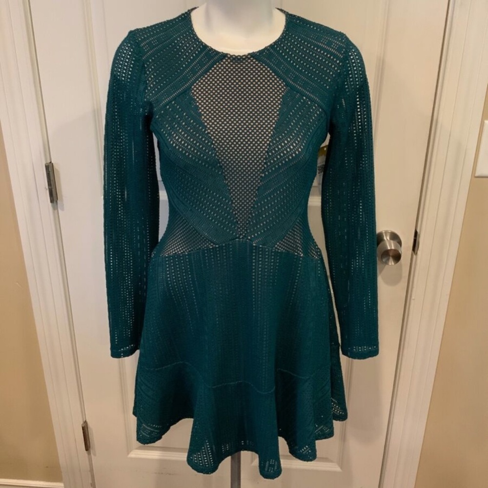 BCBG Max Azria Daina Green Mesh Overlay Long Sleeve Mini Dress, Size S